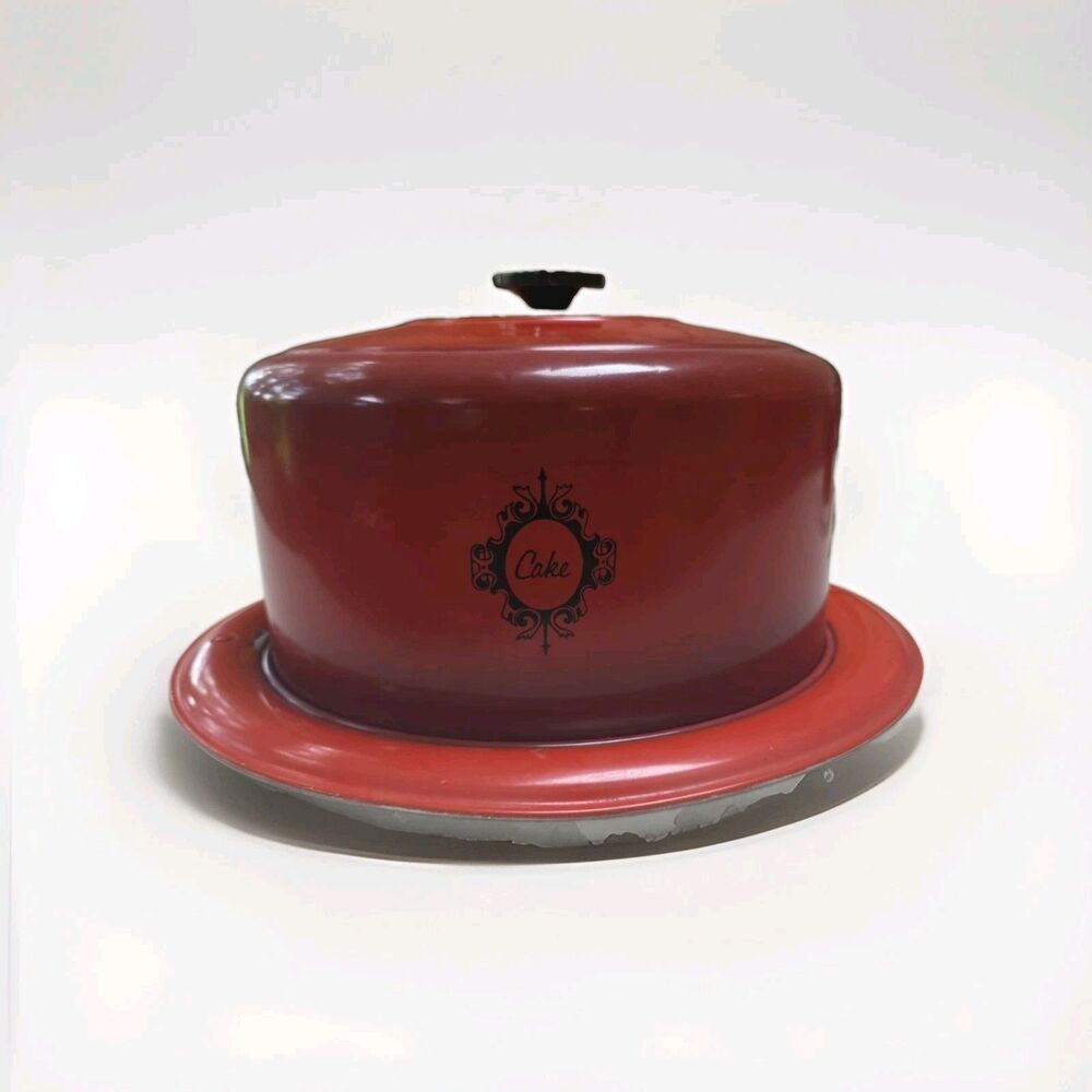 Vintage MCM West Bend Aluminum Dome Cake Cover Carrier Lid Locks Harvest Red